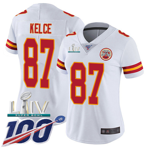 Kansas City Chiefs Nike 87 Travis Kelce White Super Bowl LIV 2020 Women Stitched NFL 100th Season Vapor Untouchable Limited Jersey